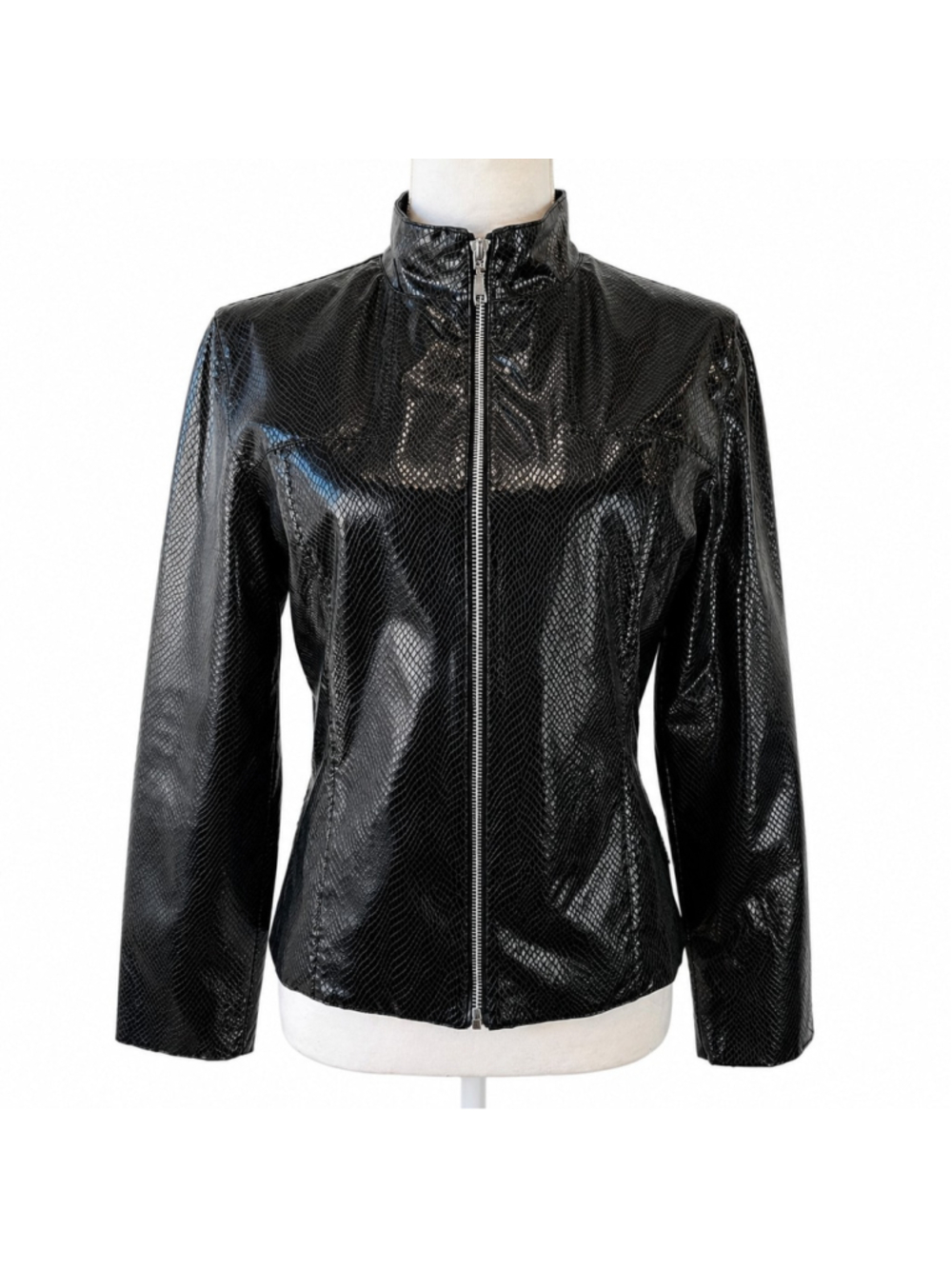 Dollhouse Black Faux Snakeskin Leather Jacket Sz M Y2K Zip Moto Sleaze Goth Glam